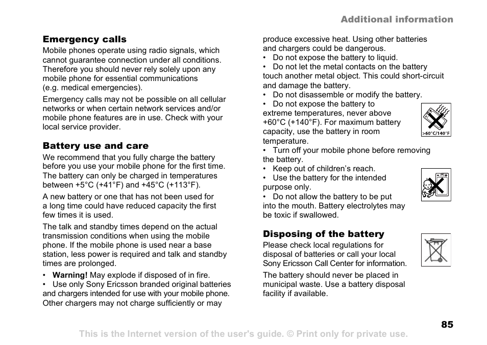 A battery approved by sony eri, 85 battery use and care | Sony K608i User Manual | Page 85 / 96
