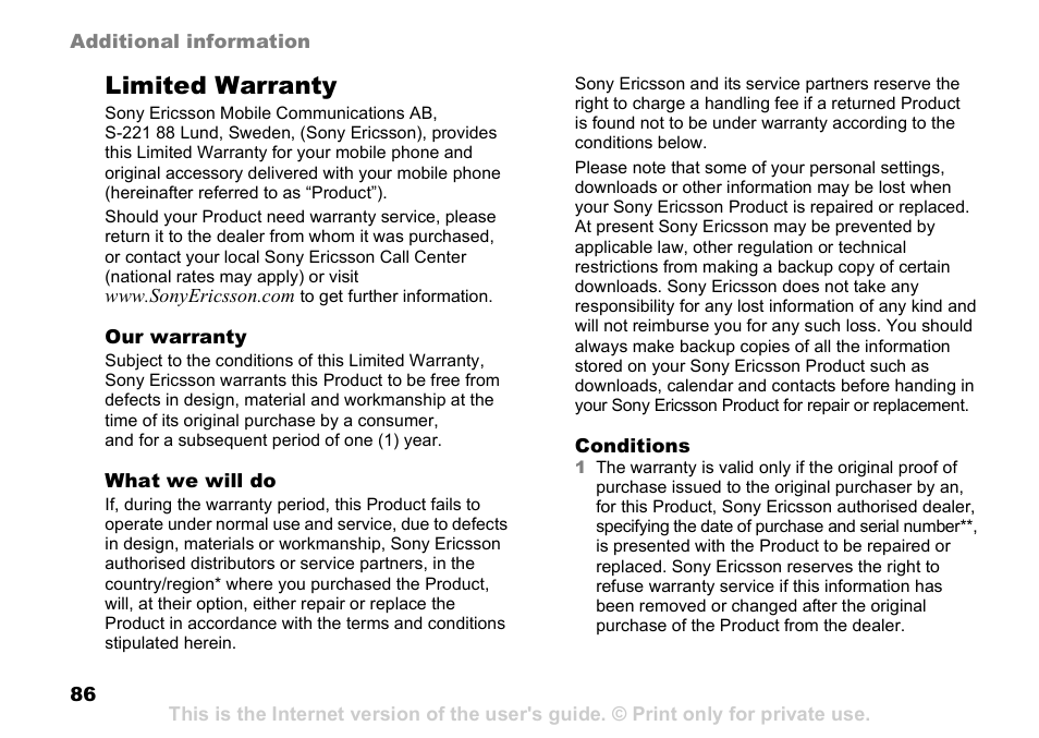 Limited warranty | Sony K608i User Manual | Page 86 / 96