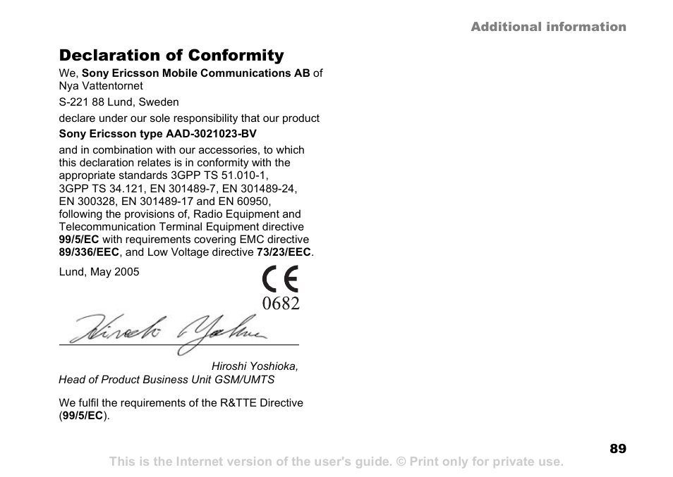 Declaration of conformity | Sony K608i User Manual | Page 89 / 96