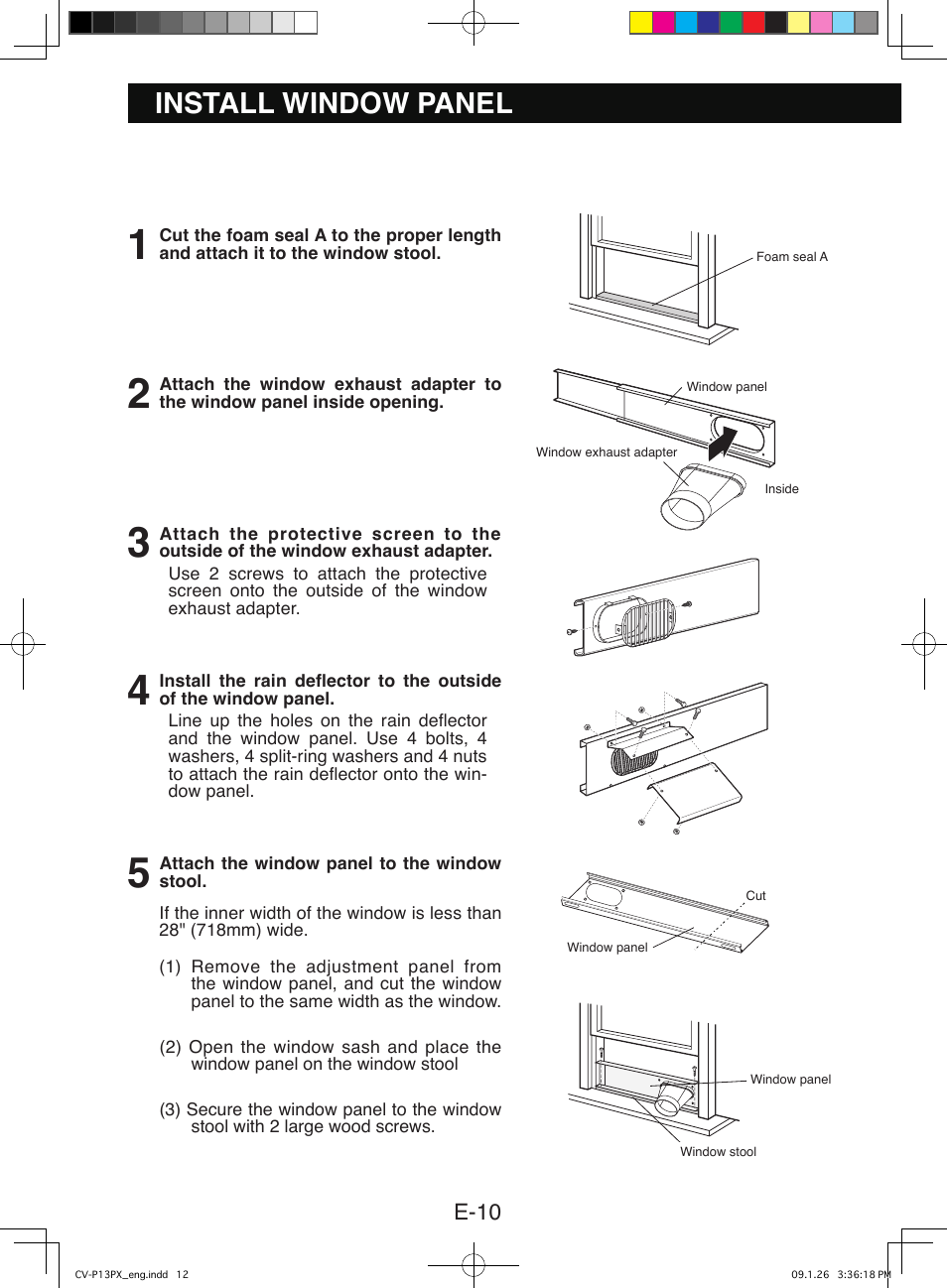 Install window panel, Installation in a double-hung sash window | Sony CV-P12PX User Manual | Page 12 / 34