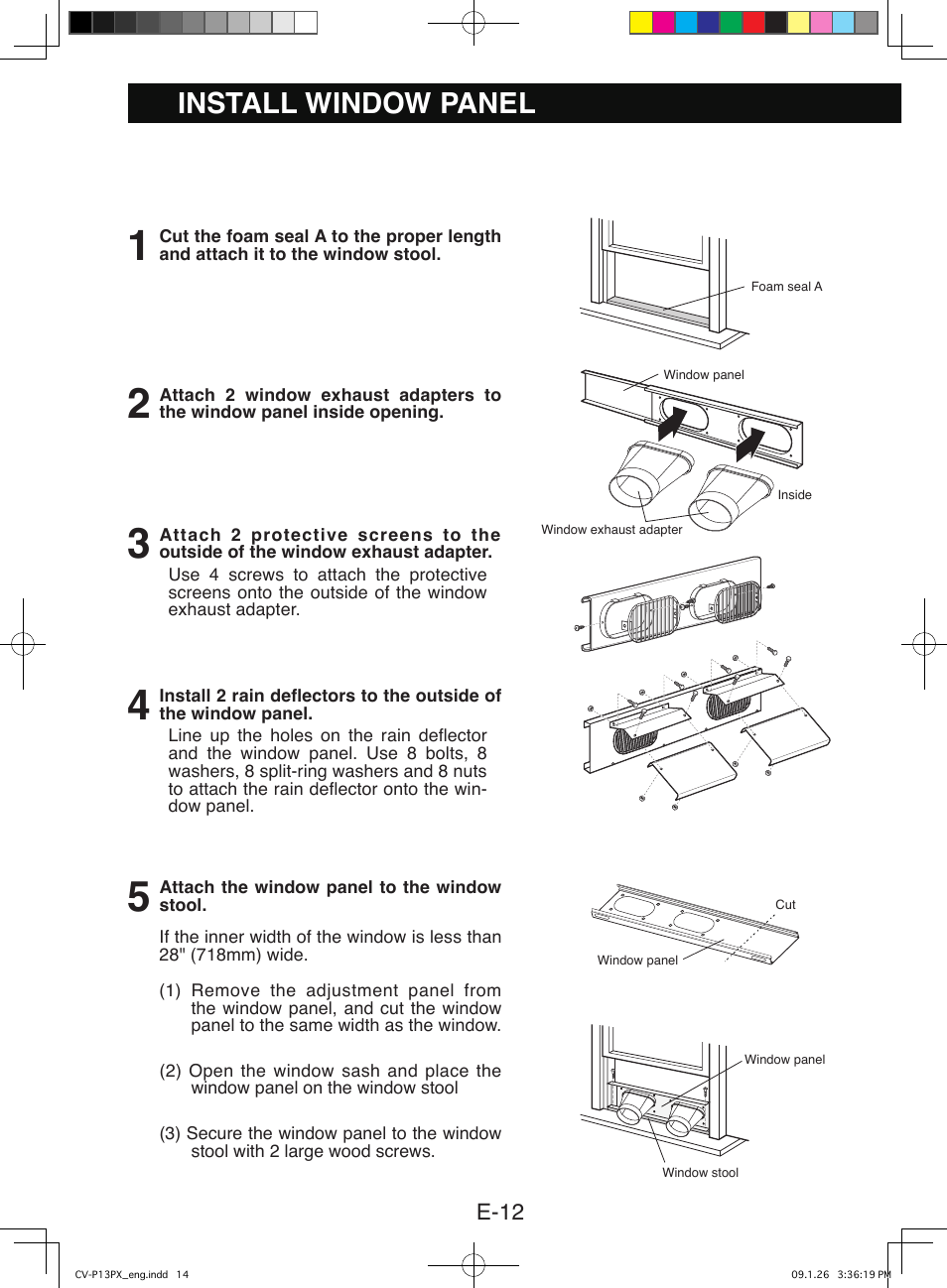 Install window panel, Installation in a double-hung sash window | Sony CV-P12PX User Manual | Page 14 / 34