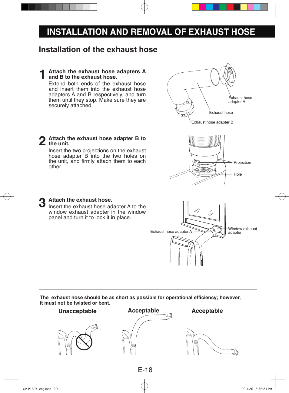 Installation and removal of exhaust hose, Installation of the exhaust hose, E-18 | Sony CV-P12PX User Manual | Page 20 / 34