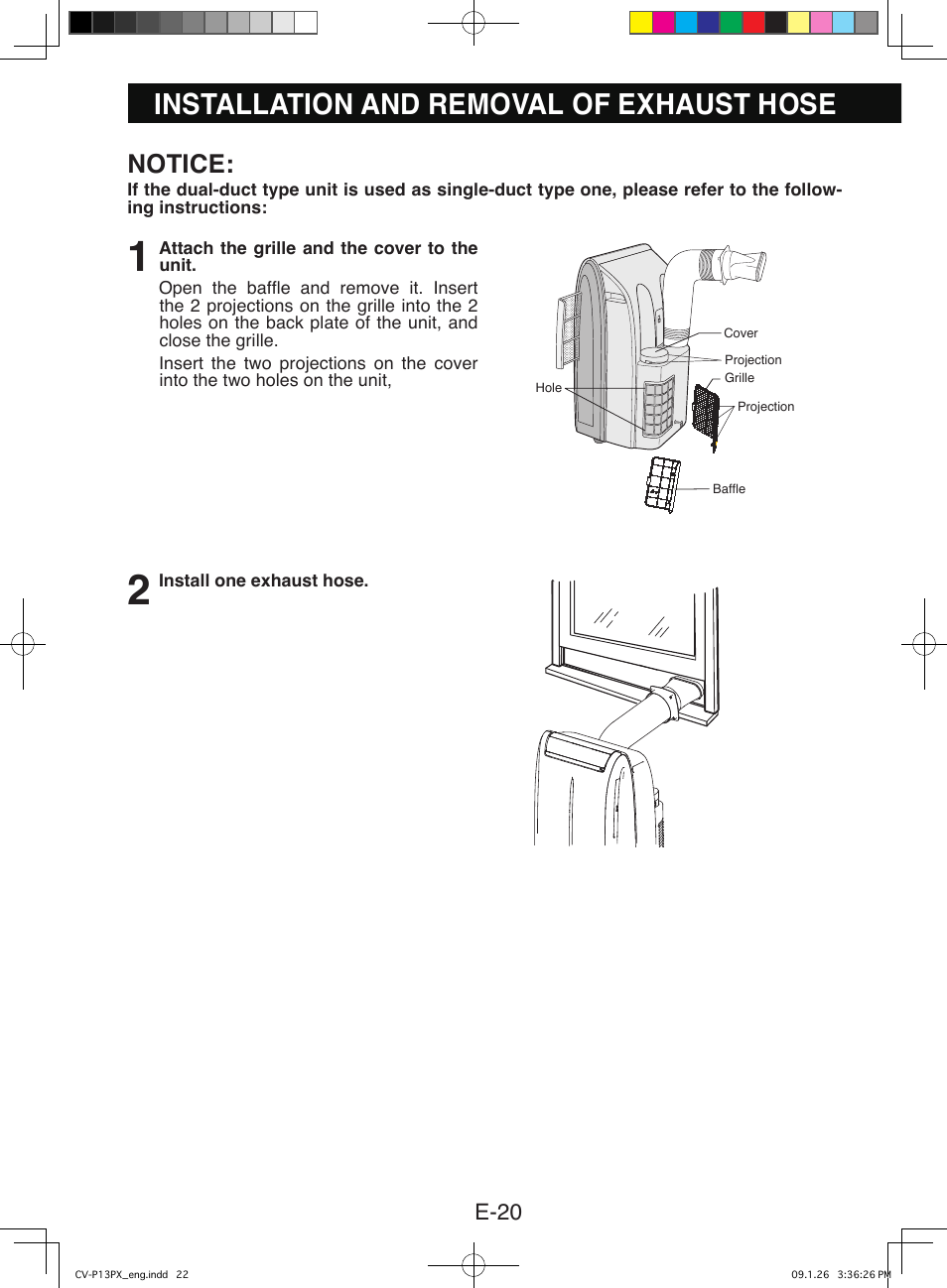 Installation and removal of exhaust hose, Notice, E-20 | Sony CV-P12PX User Manual | Page 22 / 34