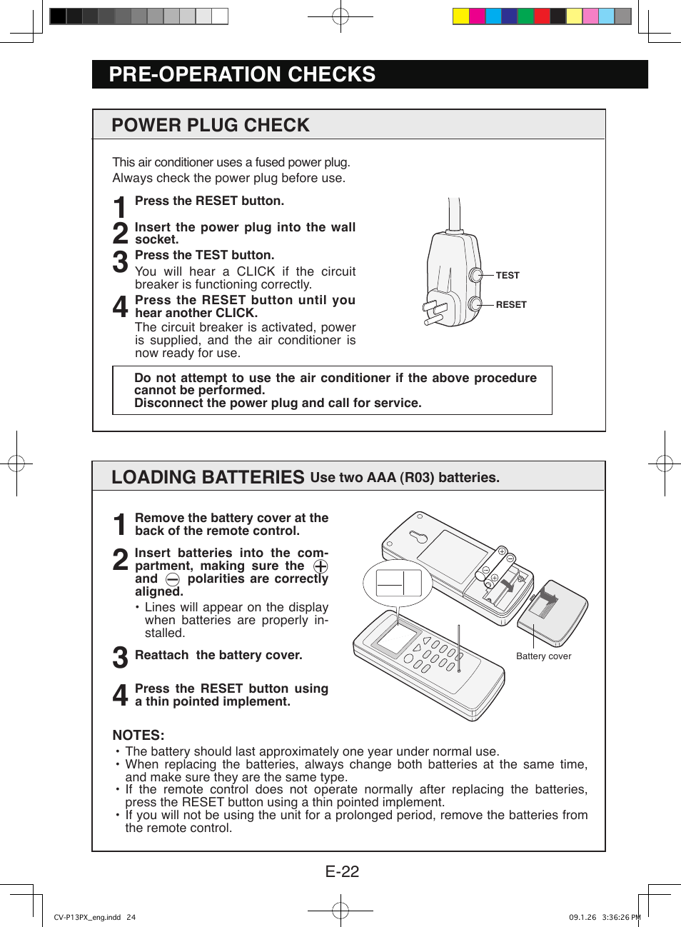 Pre-operation checks, Loading batteries, Power plug check | Sony CV-P12PX User Manual | Page 24 / 34
