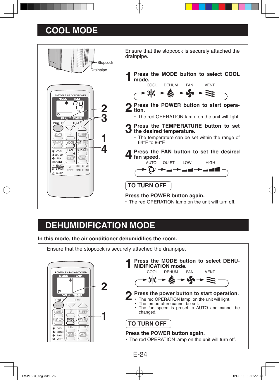 Cool mode, Dehumidification mode | Sony CV-P12PX User Manual | Page 26 / 34