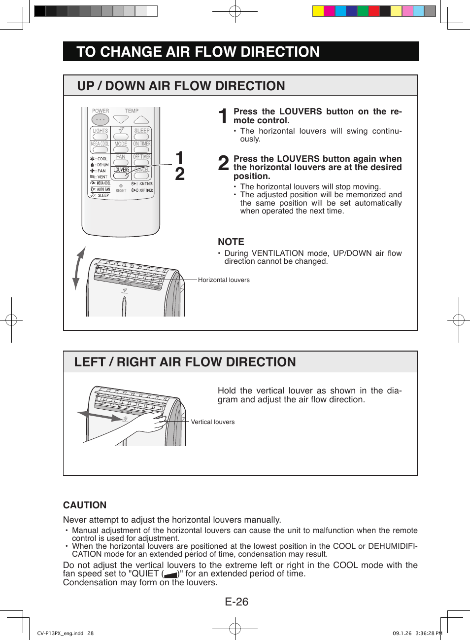 Up / down air flow direction, Left / right air flow direction | Sony CV-P12PX User Manual | Page 28 / 34