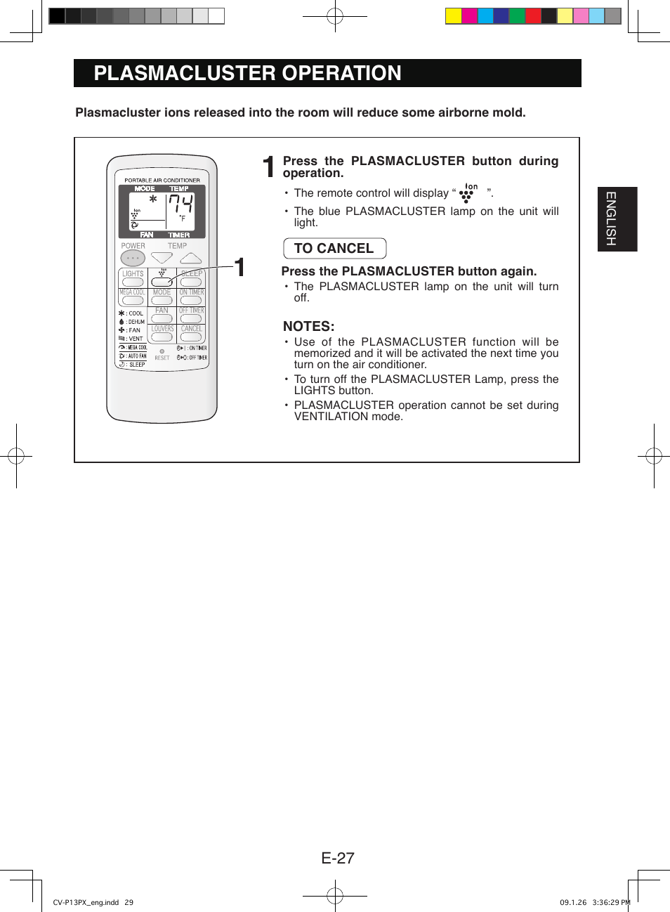 Plasmacluster operation, E-27 | Sony CV-P12PX User Manual | Page 29 / 34