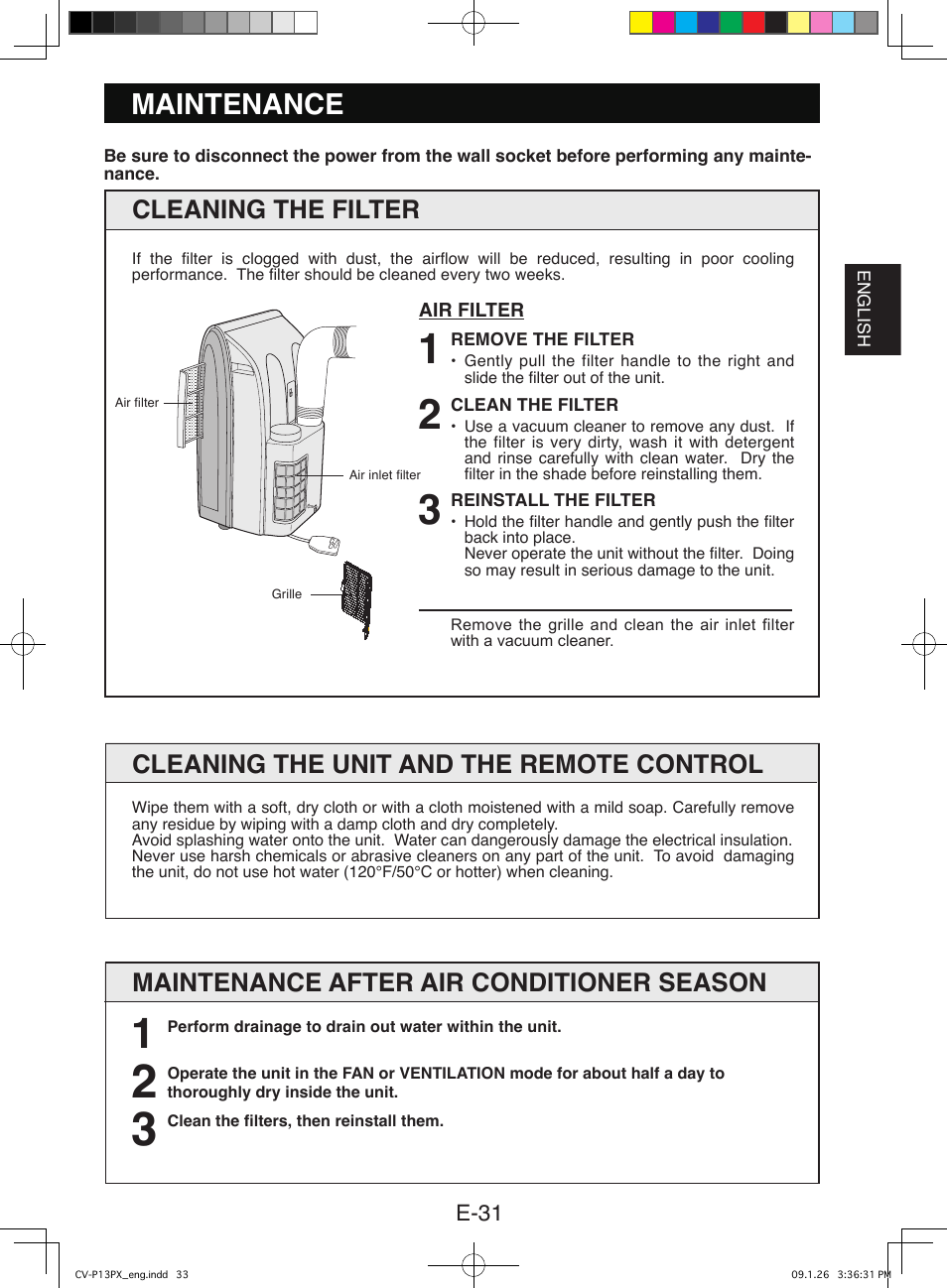 Maintenance, Cleaning the unit and the remote control | Sony CV-P12PX User Manual | Page 33 / 34