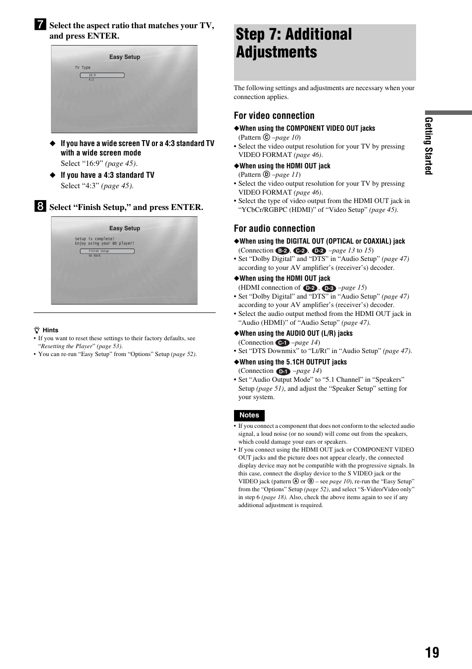 Step 7: additional adjustments, Getting s tarted, For video connection | For audio connection, Select “finish setup,” and press enter | Sony BDP-S300 User Manual | Page 19 / 72
