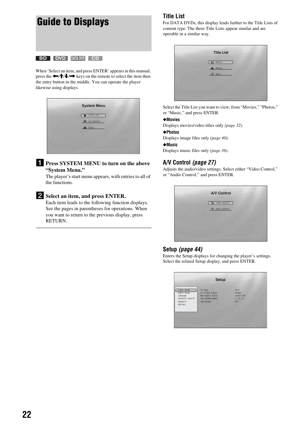 Guide to displays, Title list, A/v control (page 27) | Setup (page 44), Select an item, and press enter | Sony BDP-S300 User Manual | Page 22 / 72