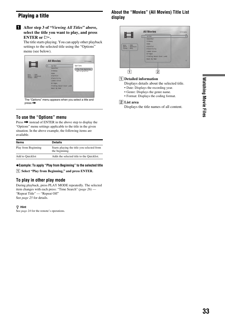 Playing a title, Watching movie fil e s, About the “movies” (all movies) title list display | Sony BDP-S300 User Manual | Page 33 / 72