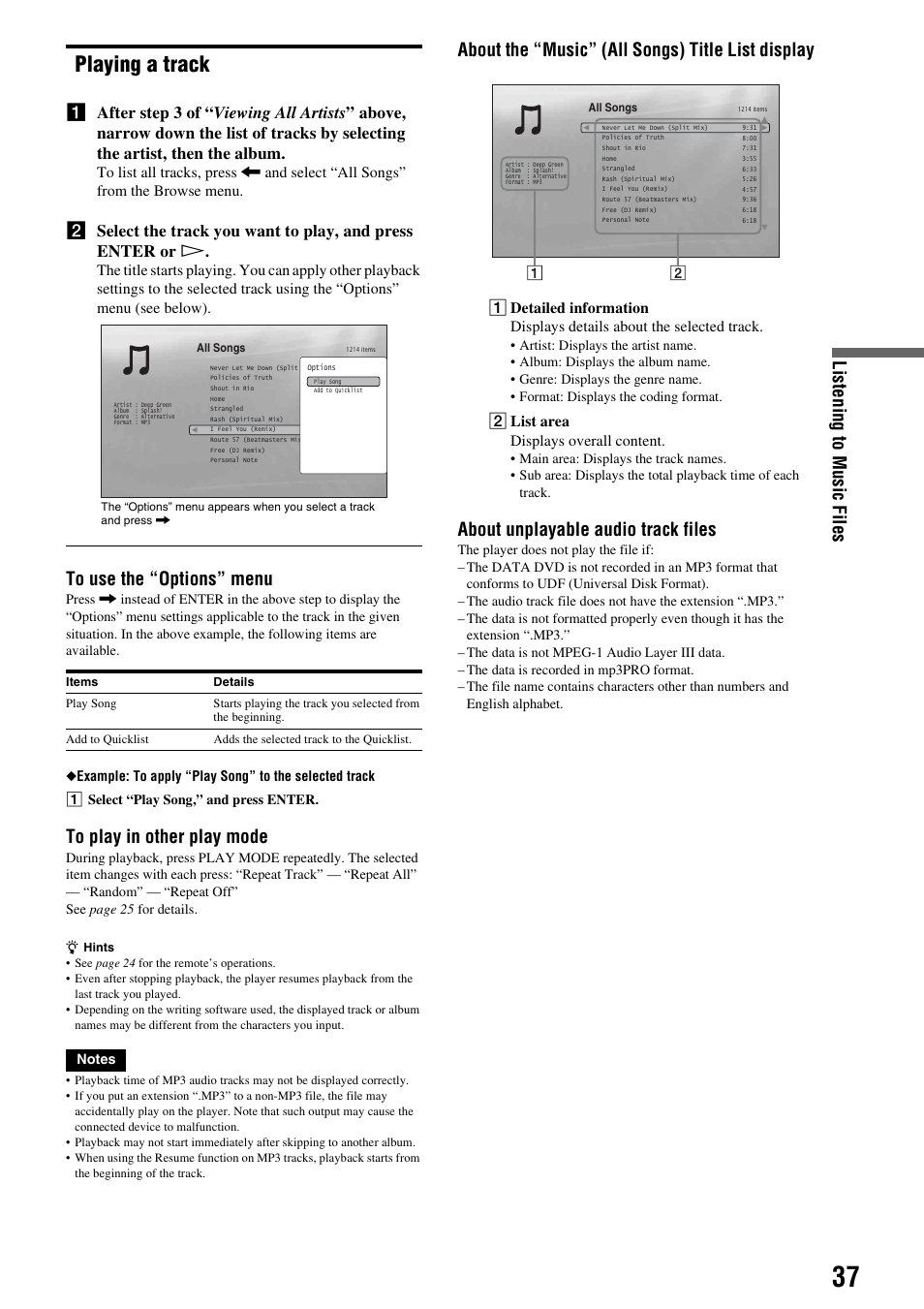 Playing a track, Listening t o mus ic fi les, About the “music” (all songs) title list display | About unplayable audio track files, 2 list area displays overall content | Sony BDP-S300 User Manual | Page 37 / 72