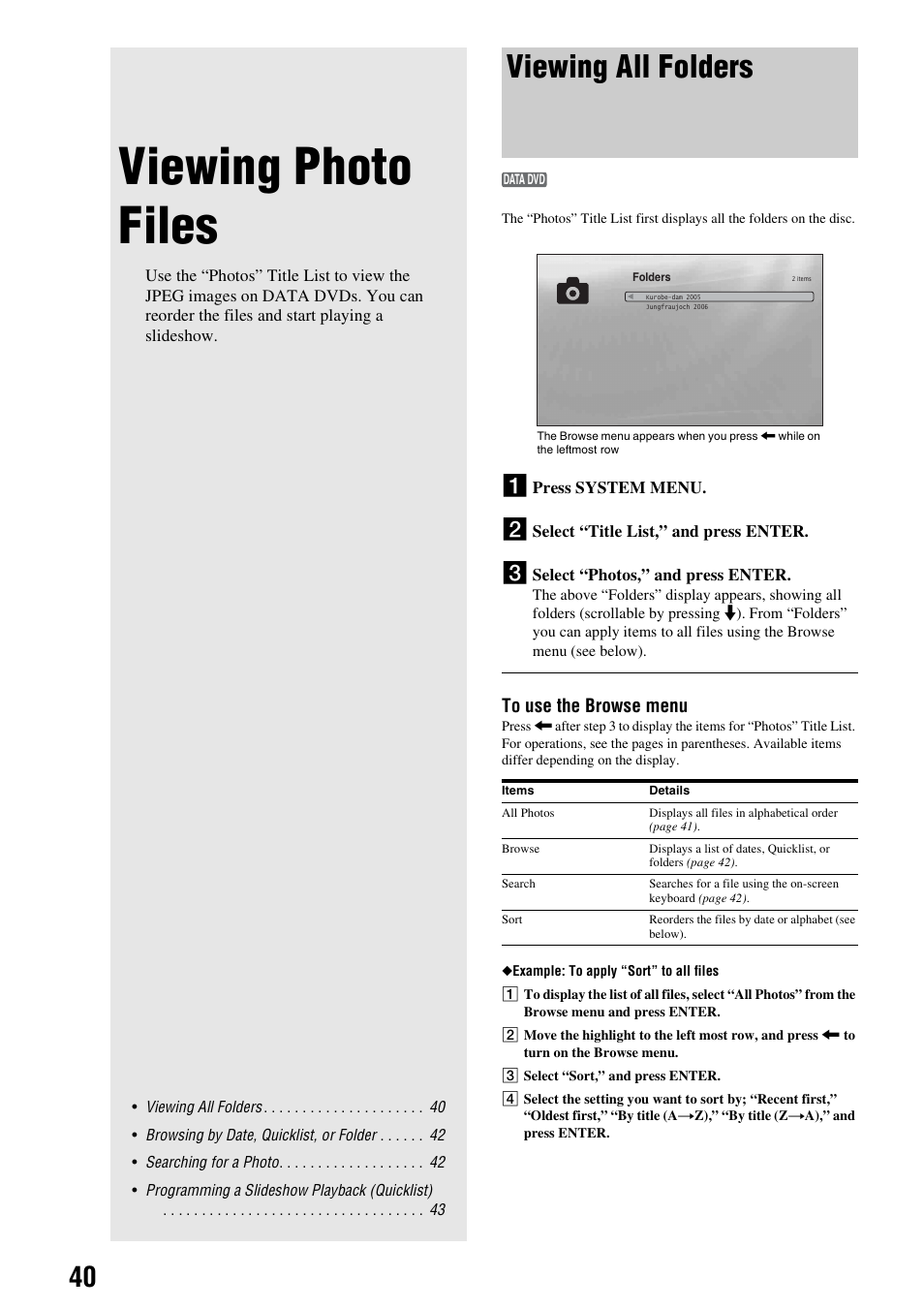 Viewing photo files, Viewing all folders, 40 for | Sony BDP-S300 User Manual | Page 40 / 72