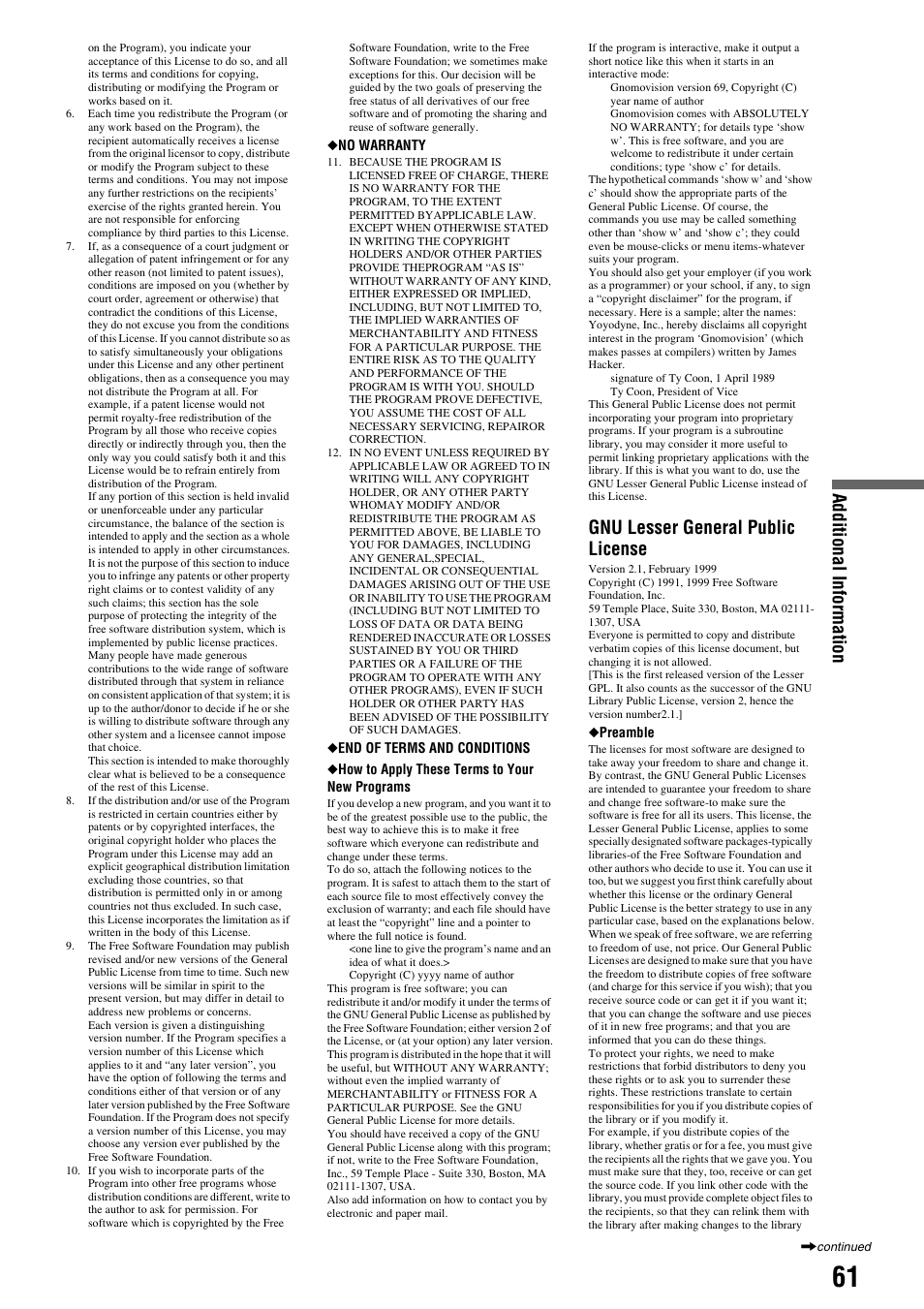 Additional informati o n, Gnu lesser general public license | Sony BDP-S300 User Manual | Page 61 / 72