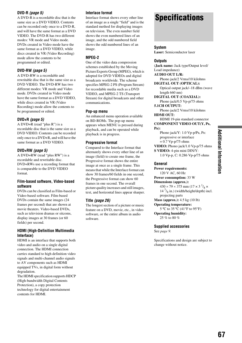 Specifications, Additional informati o n | Sony BDP-S300 User Manual | Page 67 / 72