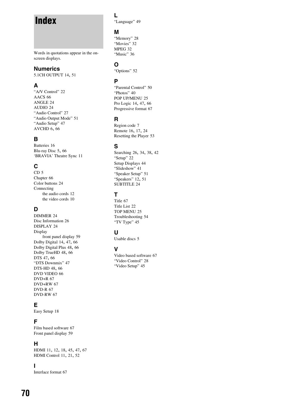 Index | Sony BDP-S300 User Manual | Page 70 / 72