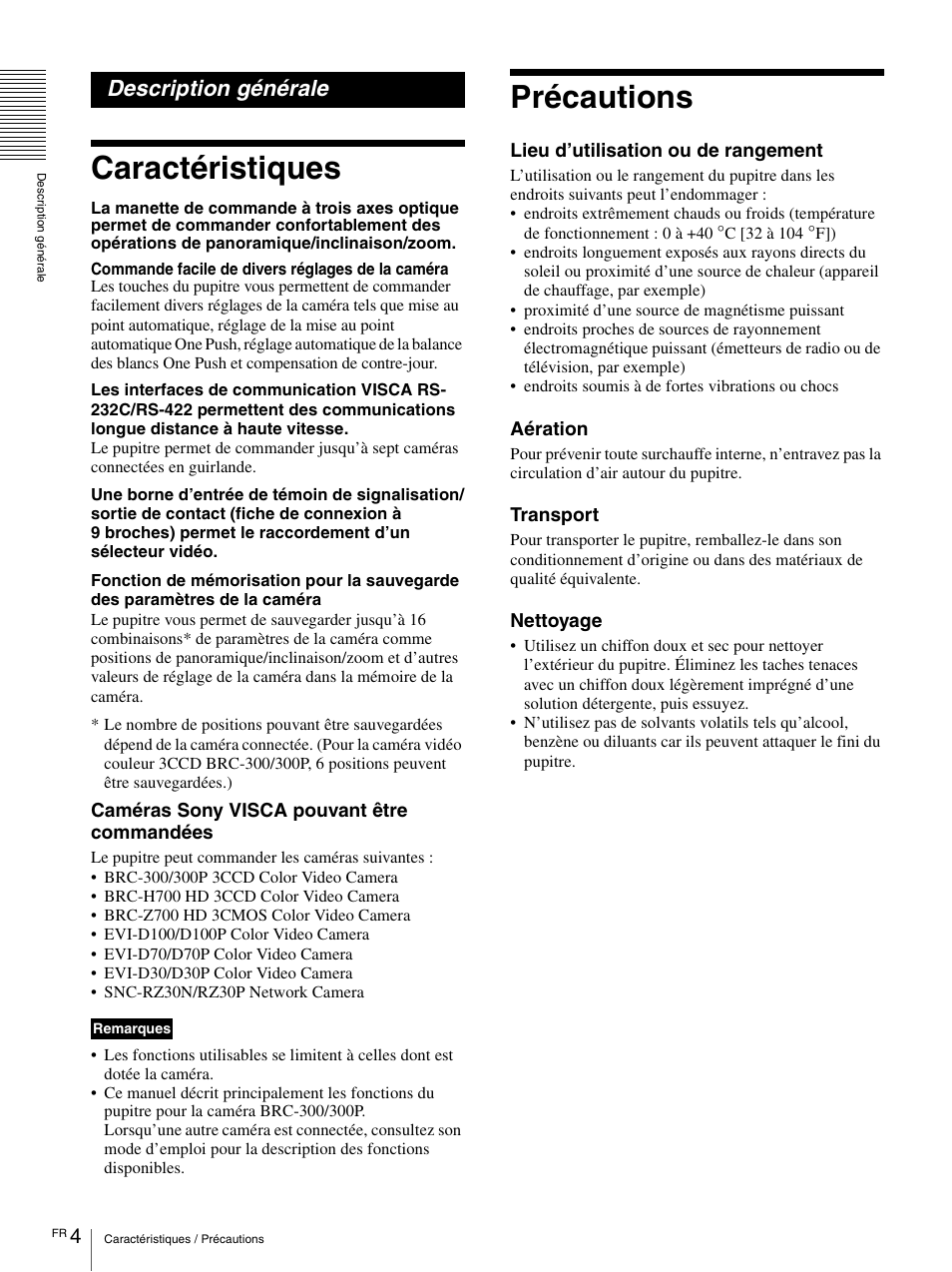 Description générale, Caractéristiques, Précautions | Caractéristiques précautions | Sony RM-BR300 User Manual | Page 22 / 80