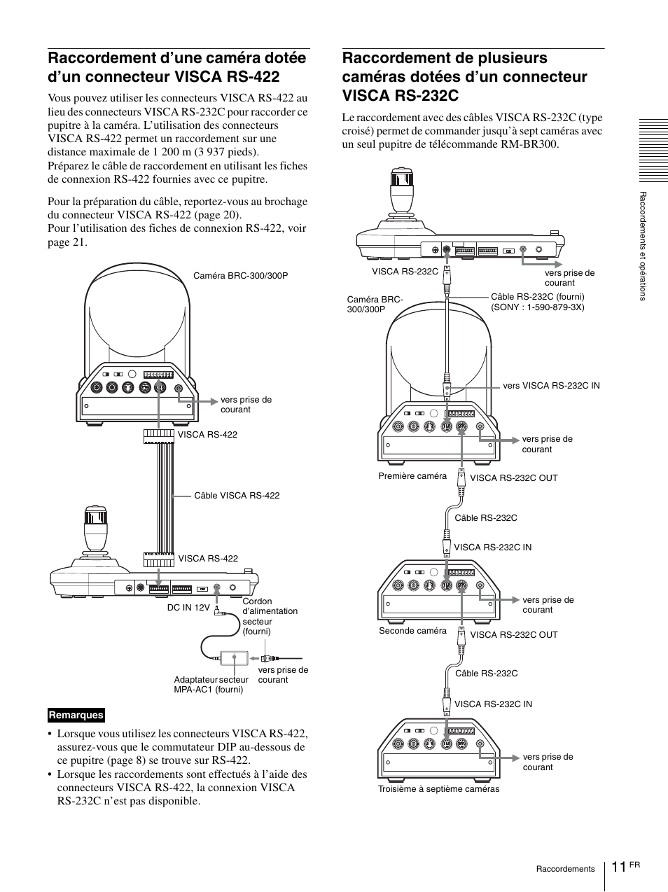 Raccordement d’une caméra dotée d’un, Connecteur visca rs-422, Raccordement de plusieurs caméras dotées d’un | Connecteur visca rs-232c, Remarques | Sony RM-BR300 User Manual | Page 29 / 80