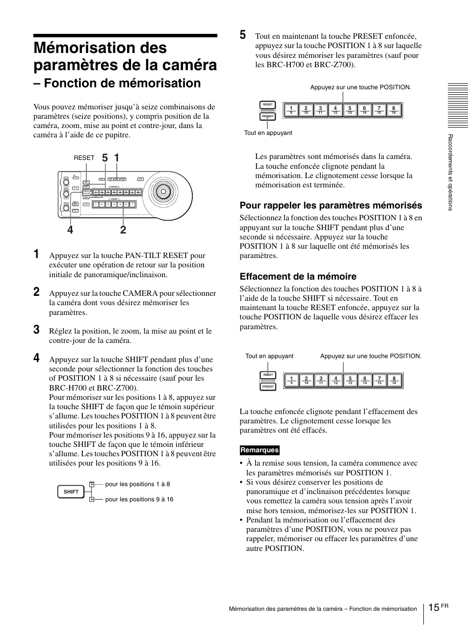 Mémorisation des paramètres de la caméra, Fonction de mémorisation, Pour rappeler les paramètres mémorisés | Effacement de la mémoire, Remarques | Sony RM-BR300 User Manual | Page 33 / 80
