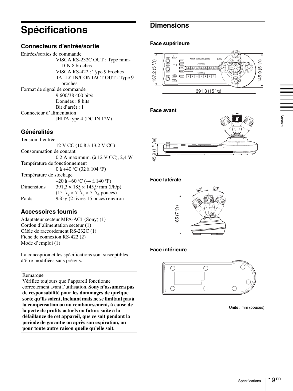 Spécifications, Dimensions, Connecteurs d’entrée/sortie | Généralités, Accessoires fournis | Sony RM-BR300 User Manual | Page 37 / 80