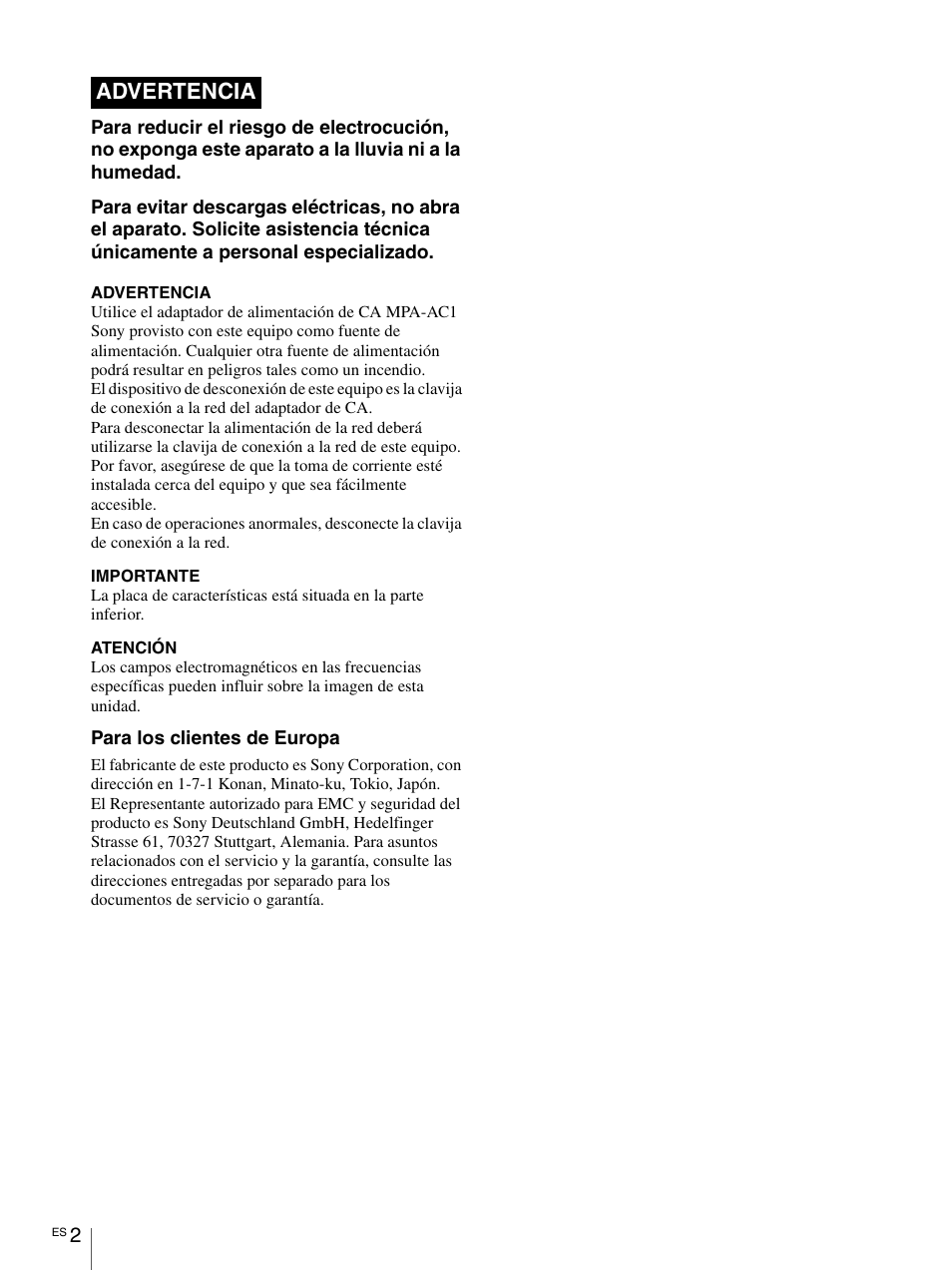 Advertencia | Sony RM-BR300 User Manual | Page 40 / 80