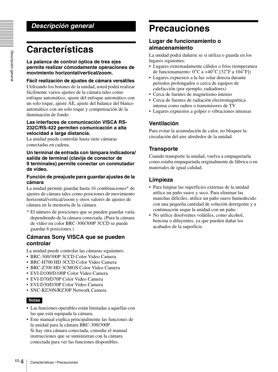 Descripción general, Características, Precauciones | Características precauciones | Sony RM-BR300 User Manual | Page 42 / 80