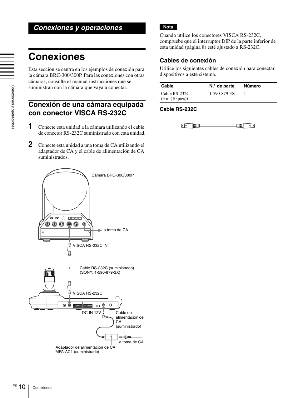 Conexiones y operaciones, Conexiones, Conexión de una cámara equipada con conector | Visca rs-232c, Cables de conexión | Sony RM-BR300 User Manual | Page 48 / 80