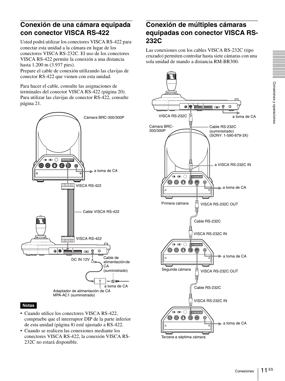 Conexión de una cámara equipada con conector, Visca rs-422, Conexión de múltiples cámaras equipadas con | Conector visca rs-232c, Notas | Sony RM-BR300 User Manual | Page 49 / 80