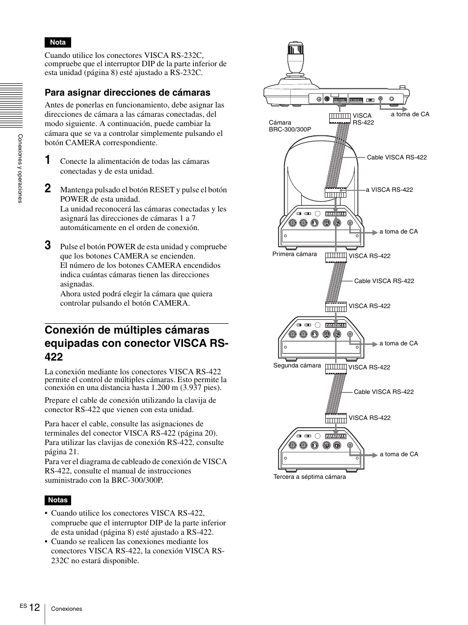 Conexión de múltiples cámaras equipadas con, Conector visca rs-422, Para asignar direcciones de cámaras | Nota, Notas | Sony RM-BR300 User Manual | Page 50 / 80
