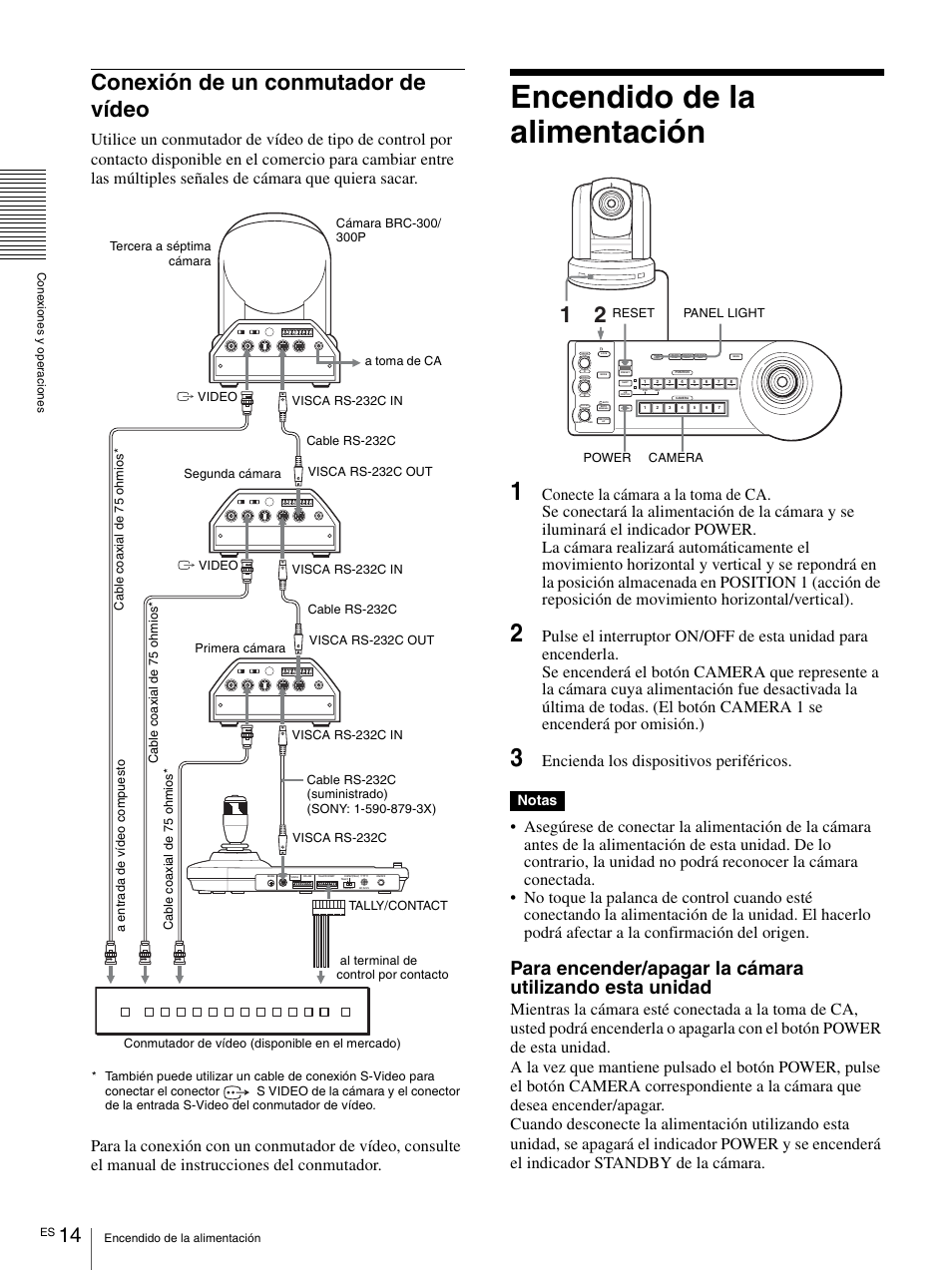 Conexión de un conmutador de vídeo, Encendido de la alimentación, Encienda los dispositivos periféricos | Notas, Panel light power camera reset | Sony RM-BR300 User Manual | Page 52 / 80