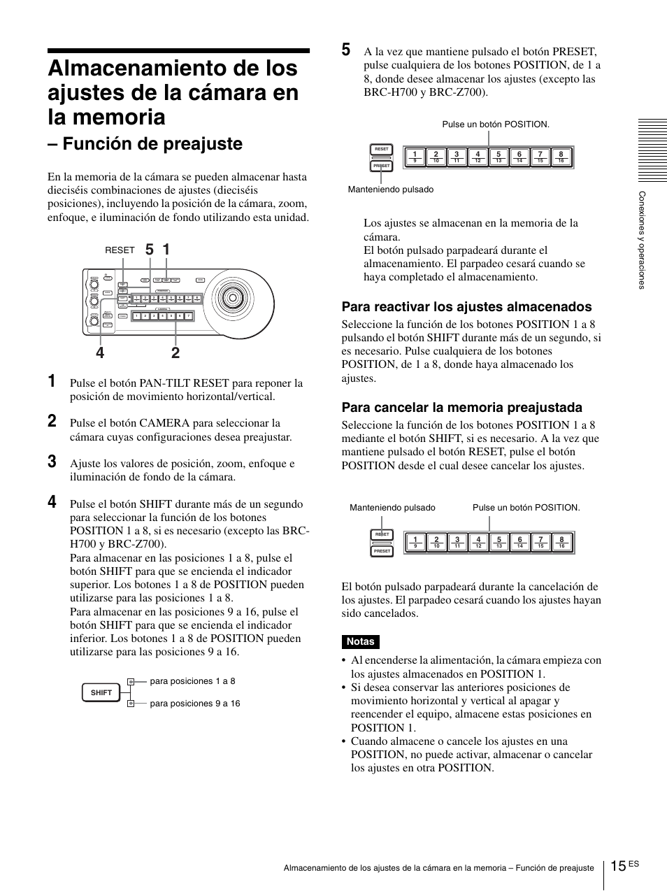 Función de preajuste, Para reactivar los ajustes almacenados, Notas | Reset, Pulse un botón position. manteniendo pulsado | Sony RM-BR300 User Manual | Page 53 / 80