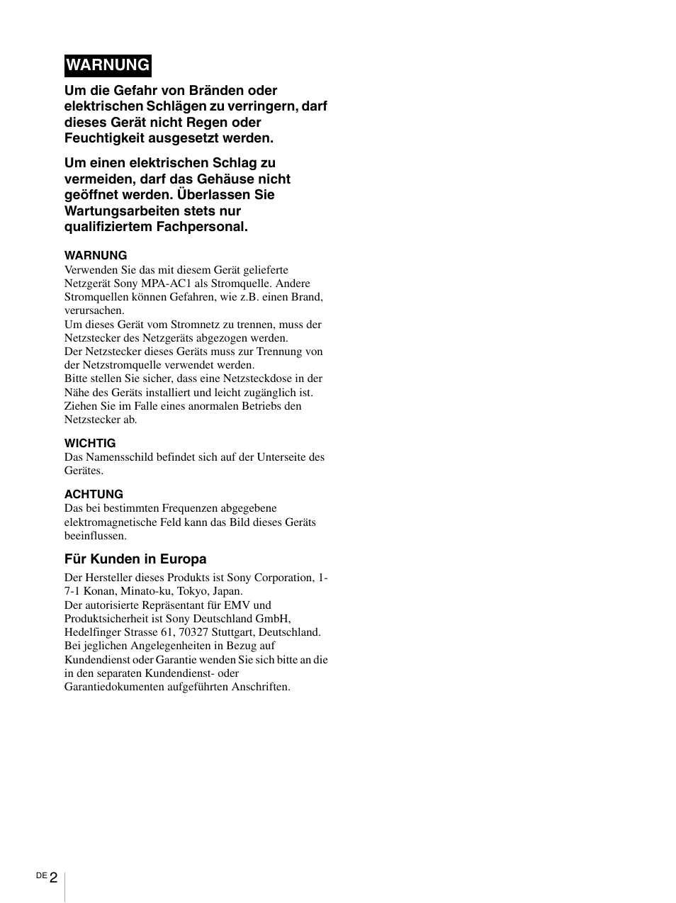 Warnung | Sony RM-BR300 User Manual | Page 60 / 80
