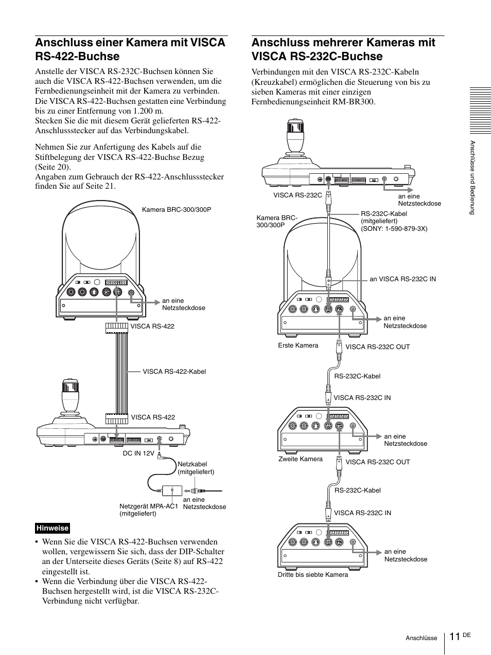 Anschluss einer kamera mit visca rs-422-buchse, Anschluss einer kamera mit, Visca rs-422-buchse | Anschluss mehrerer kameras mit, Visca rs-232c-buchse, Hinweise | Sony RM-BR300 User Manual | Page 69 / 80