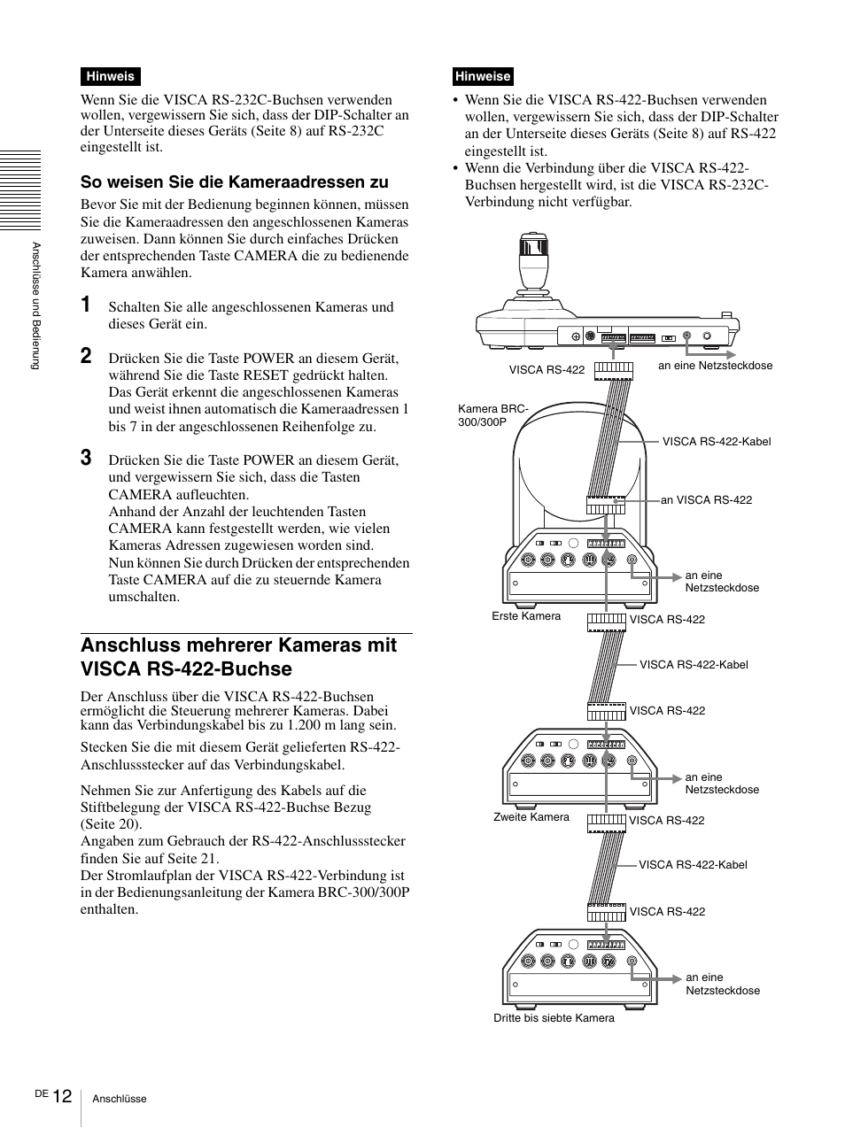 Anschluss mehrerer kameras mit visca rs-422-buchse, Anschluss mehrerer kameras mit, Visca rs-422-buchse | So weisen sie die kameraadressen zu, Hinweis, Hinweise | Sony RM-BR300 User Manual | Page 70 / 80