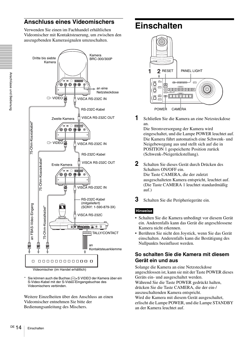 Anschluss eines videomischers, Einschalten, Schalten sie die peripheriegeräte ein | Hinweise, Ansc hl üs se und bed ie n un g einschalten, Panel light power camera reset | Sony RM-BR300 User Manual | Page 72 / 80