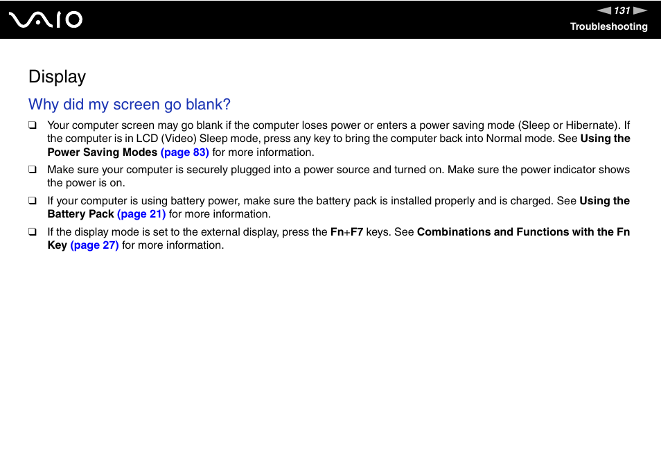 Display, Why did my screen go blank | Sony VAIO VGN-NR Series User Manual | Page 131 / 162