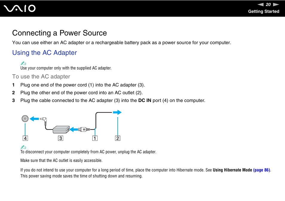 Connecting a power source, Using the ac adapter | Sony VAIO VGN-NR Series User Manual | Page 20 / 162
