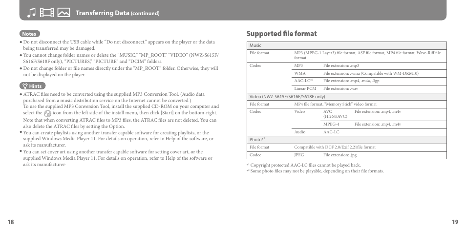 Supported file format, 1 transferring data | Sony NWZ-S618F User Manual | Page 10 / 16