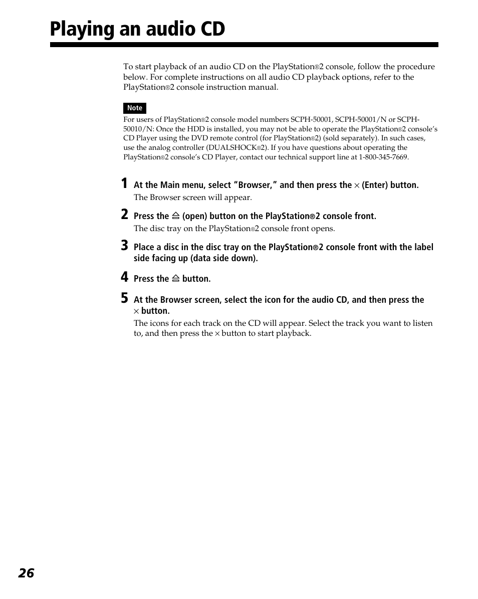 Playing an audio cd | Sony PlayStation 2 User Manual | Page 26 / 112