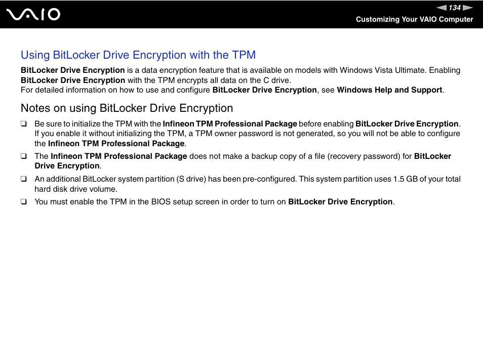 Using bitlocker drive encryption with the tpm | Sony VAIO VGN-SZ700 User Manual | Page 134 / 235