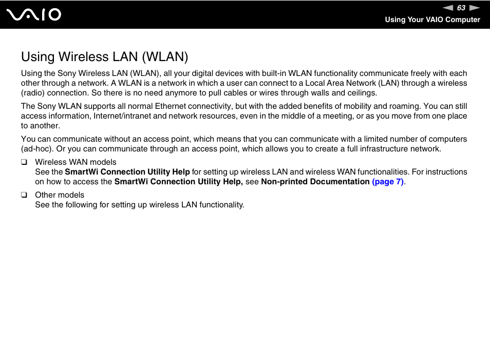 Using wireless lan (wlan), Lan) | Sony VAIO VGN-SZ700 User Manual | Page 63 / 235