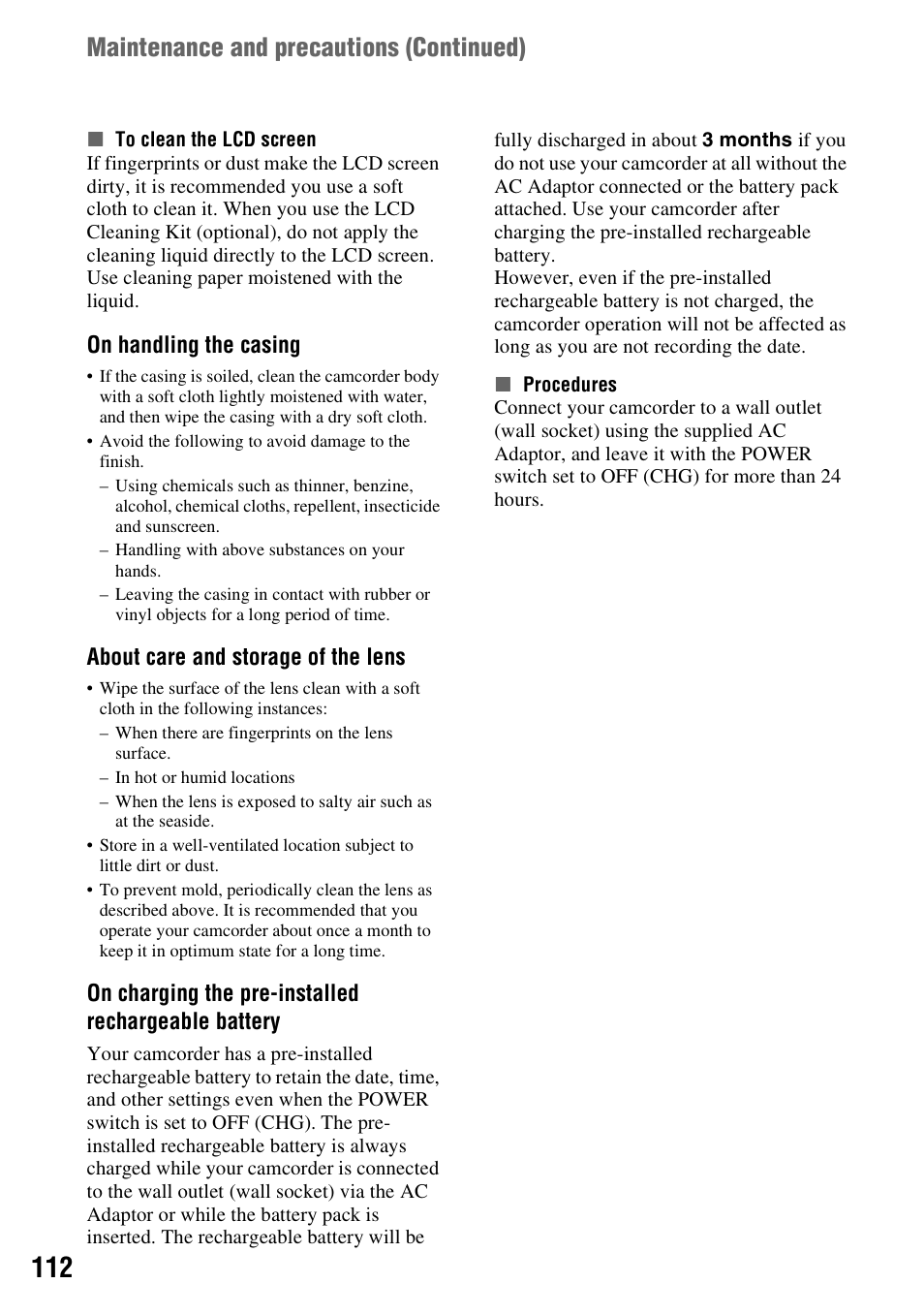 Maintenance and precautions ( continued) | Sony HANDYCAM HDR-FX1000E User Manual | Page 112 / 131