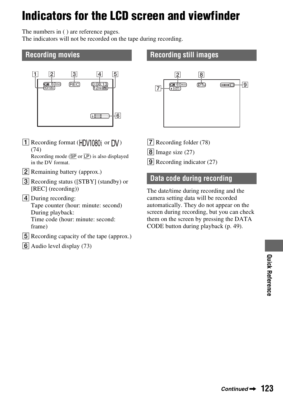 Indicators for the lcd screen and viewfinder, Recording movies, Recording still images data code during recording | Sony HANDYCAM HDR-FX1000E User Manual | Page 123 / 131