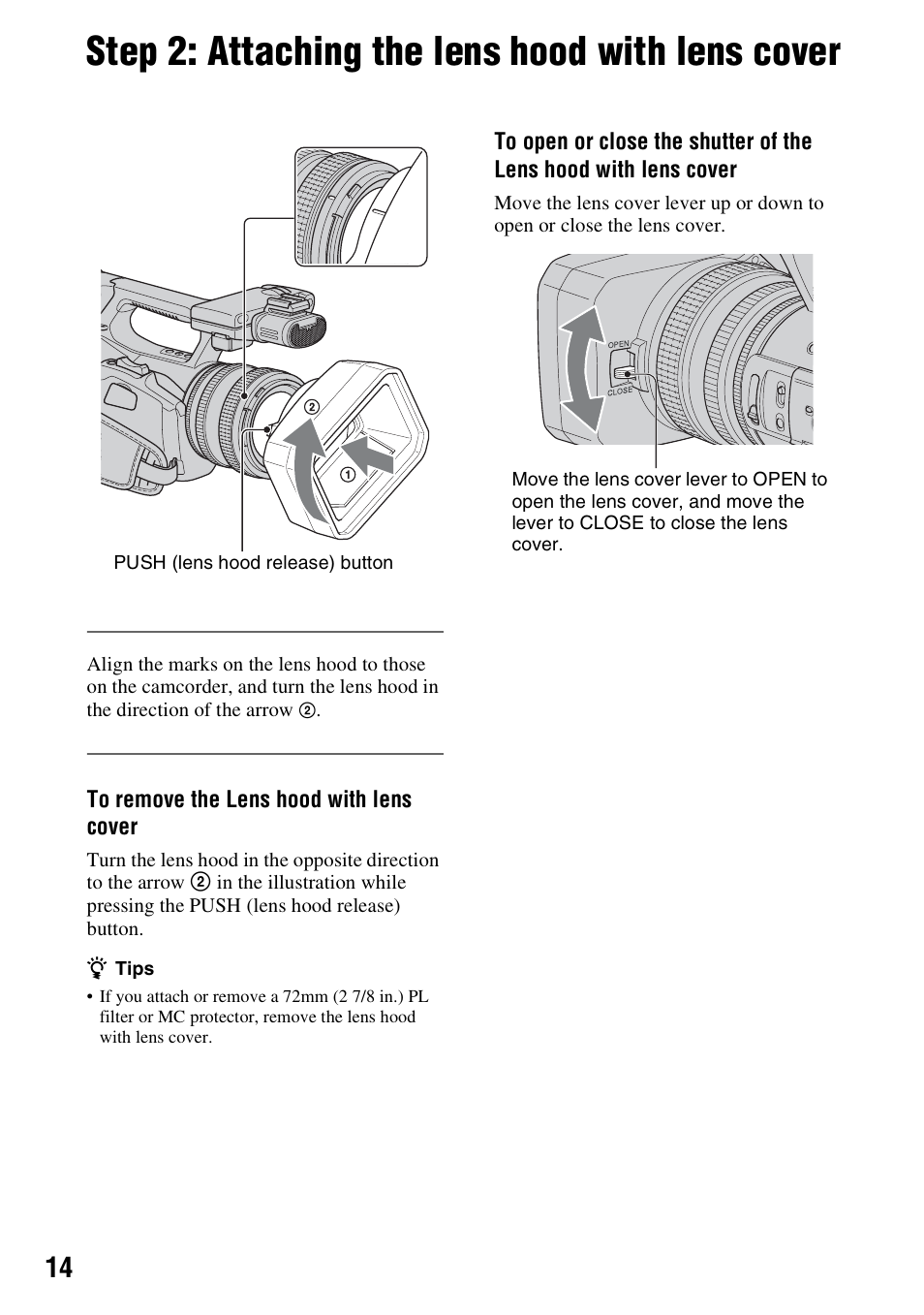 Step 2: attaching the lens hood with lens cover, P. 14) | Sony HANDYCAM HDR-FX1000E User Manual | Page 14 / 131