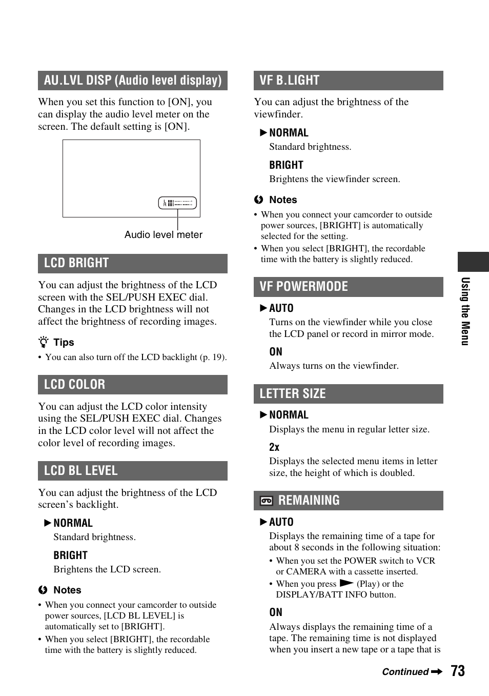 Vf b.light vf powermode letter size remaining | Sony HANDYCAM HDR-FX1000E User Manual | Page 73 / 131