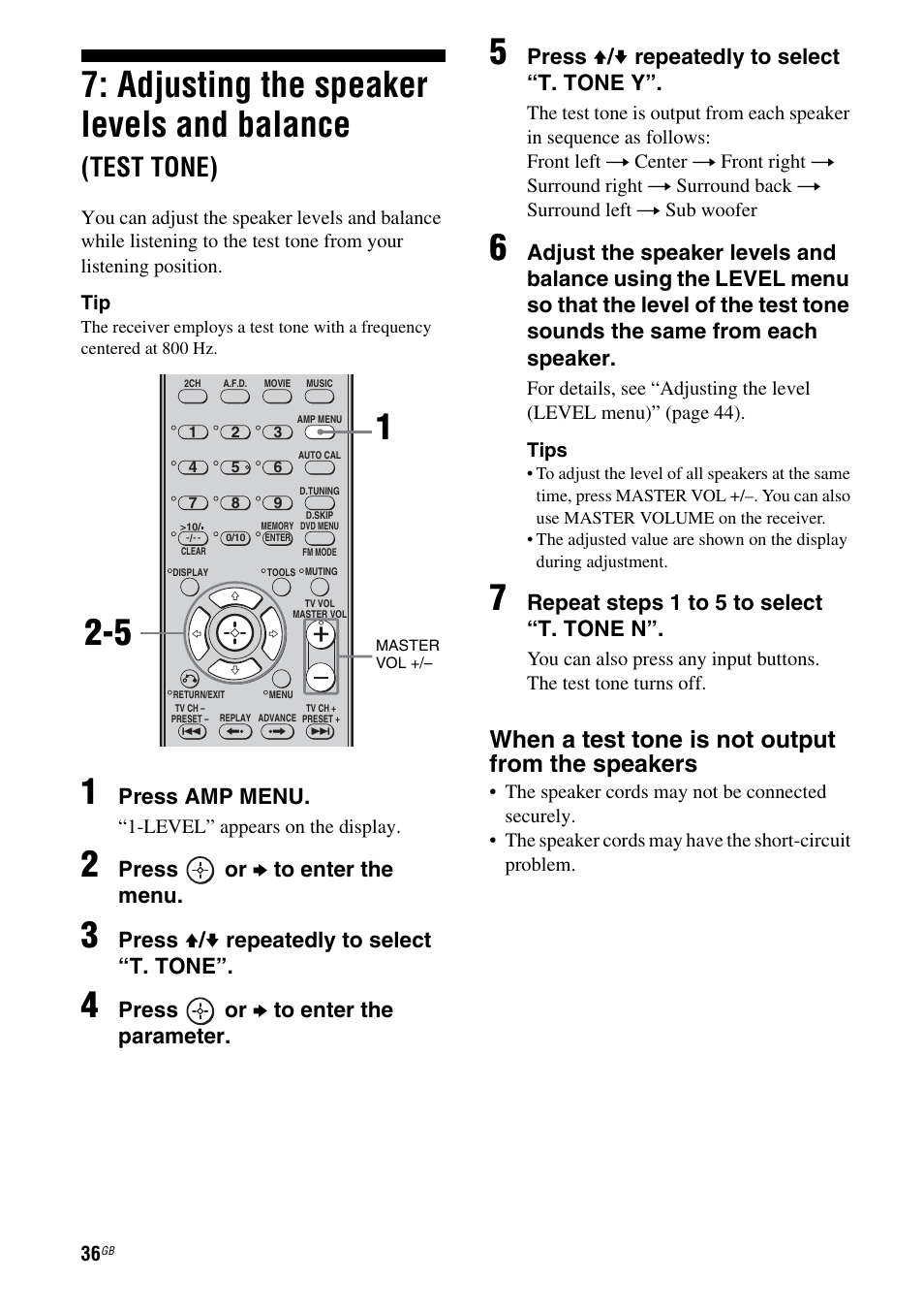 Adjusting the speaker levels and balance, Test tone), When a test tone is not output from the speakers | Press amp menu, Press or b to enter the menu, Press v / v repeatedly to select “t. tone, Press or b to enter the parameter, Press v / v repeatedly to select “t. tone y, Repeat steps 1 to 5 to select “t. tone n | Sony HT DDW1600 User Manual | Page 36 / 80