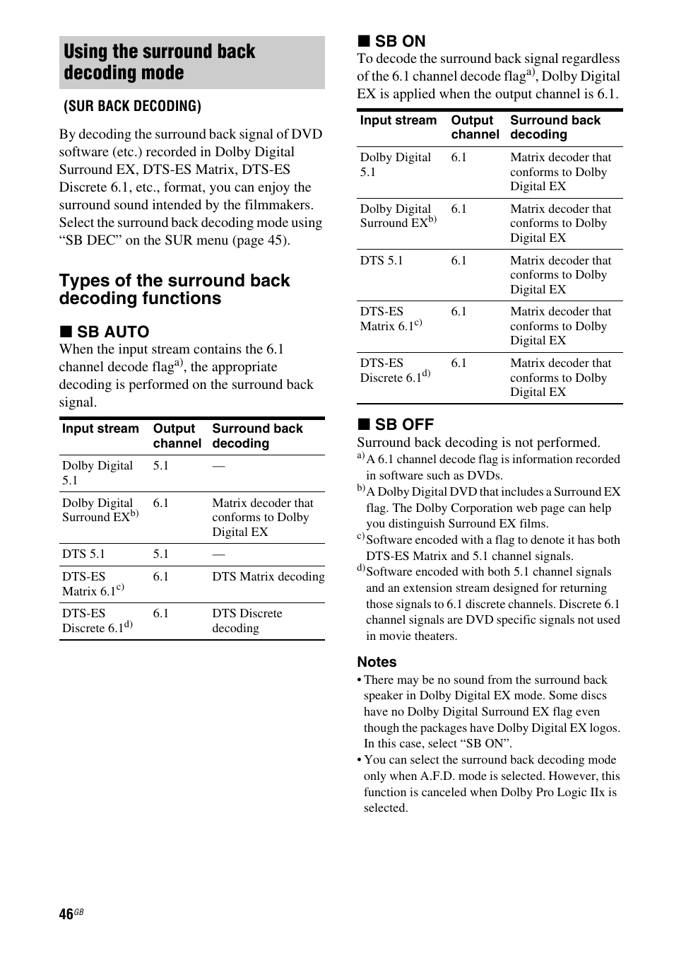 Using the surround back decoding mode, Types of the surround back decoding functions, X sb auto | X sb on, X sb off | Sony HT DDW1600 User Manual | Page 46 / 80
