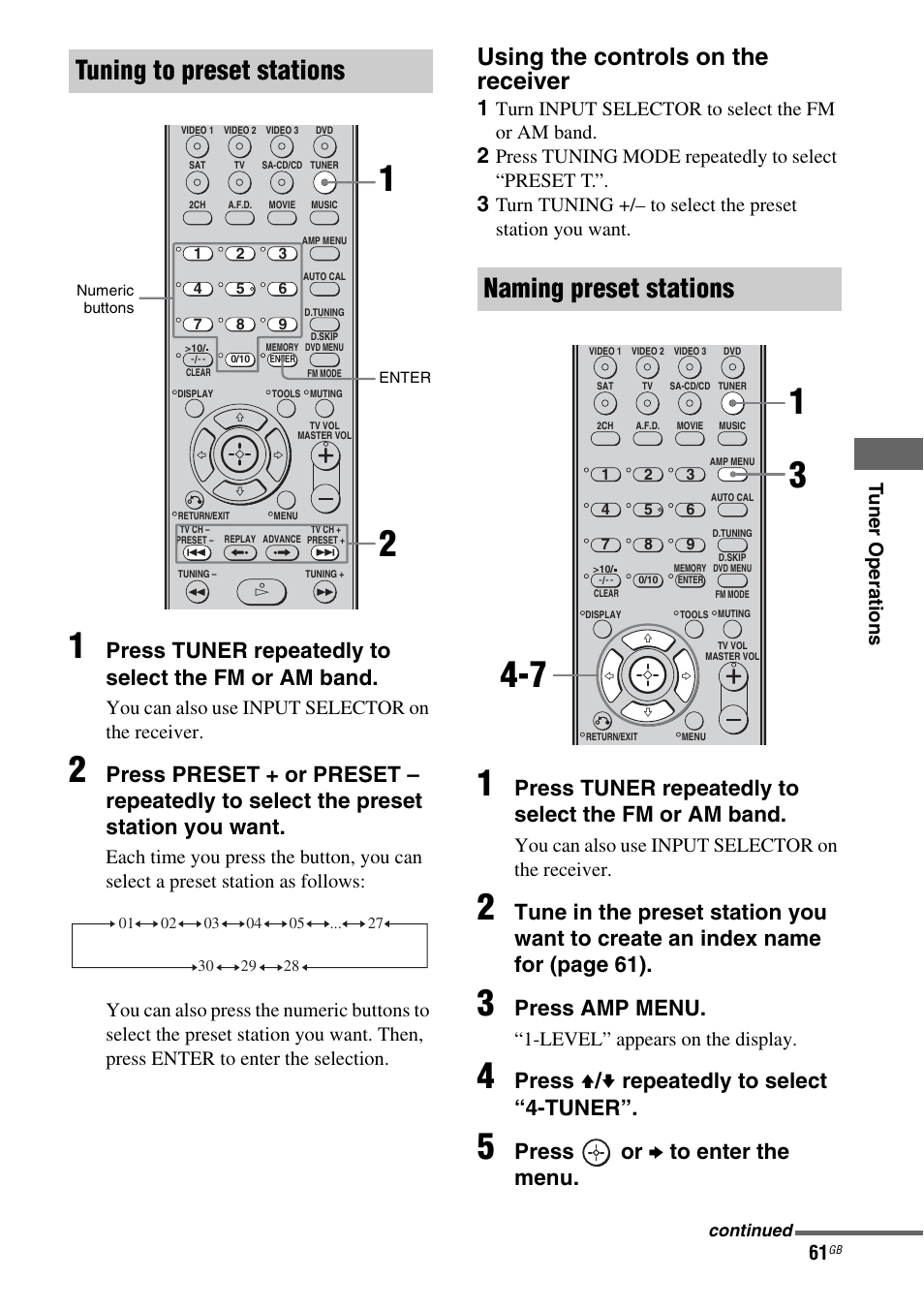 Tuning to preset stations, Naming preset stations, Using the controls on the receiver | Press tuner repeatedly to select the fm or am band, Press amp menu, Press v / v repeatedly to select “4-tuner, Press or b to enter the menu, Tu ne r operations, You can also use input selector on the receiver, Turn input selector to select the fm or am band | Sony HT DDW1600 User Manual | Page 61 / 80