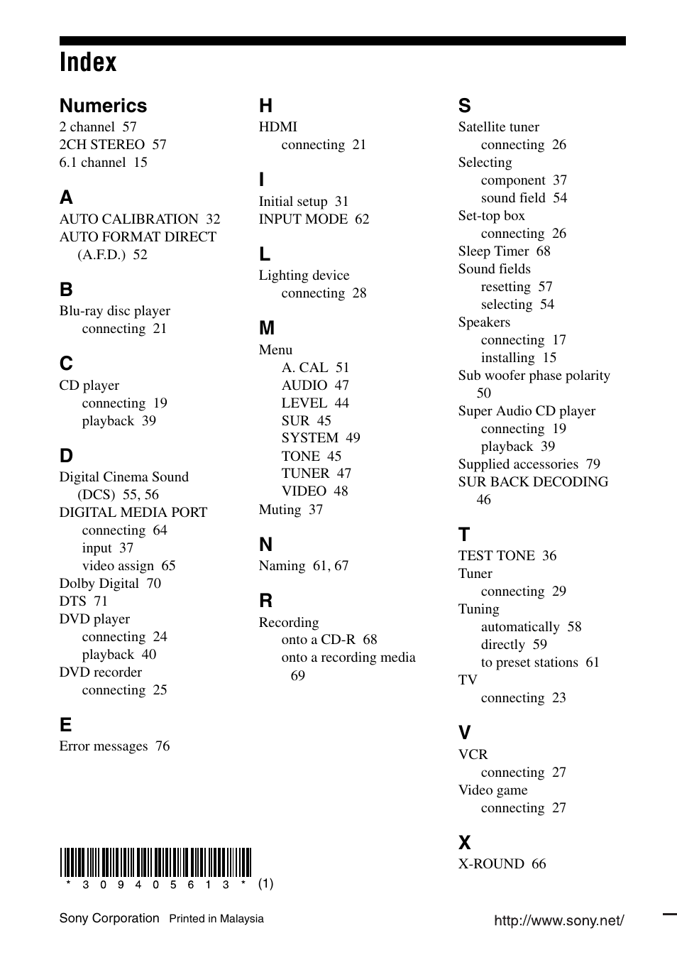 Index, Numerics | Sony HT DDW1600 User Manual | Page 80 / 80