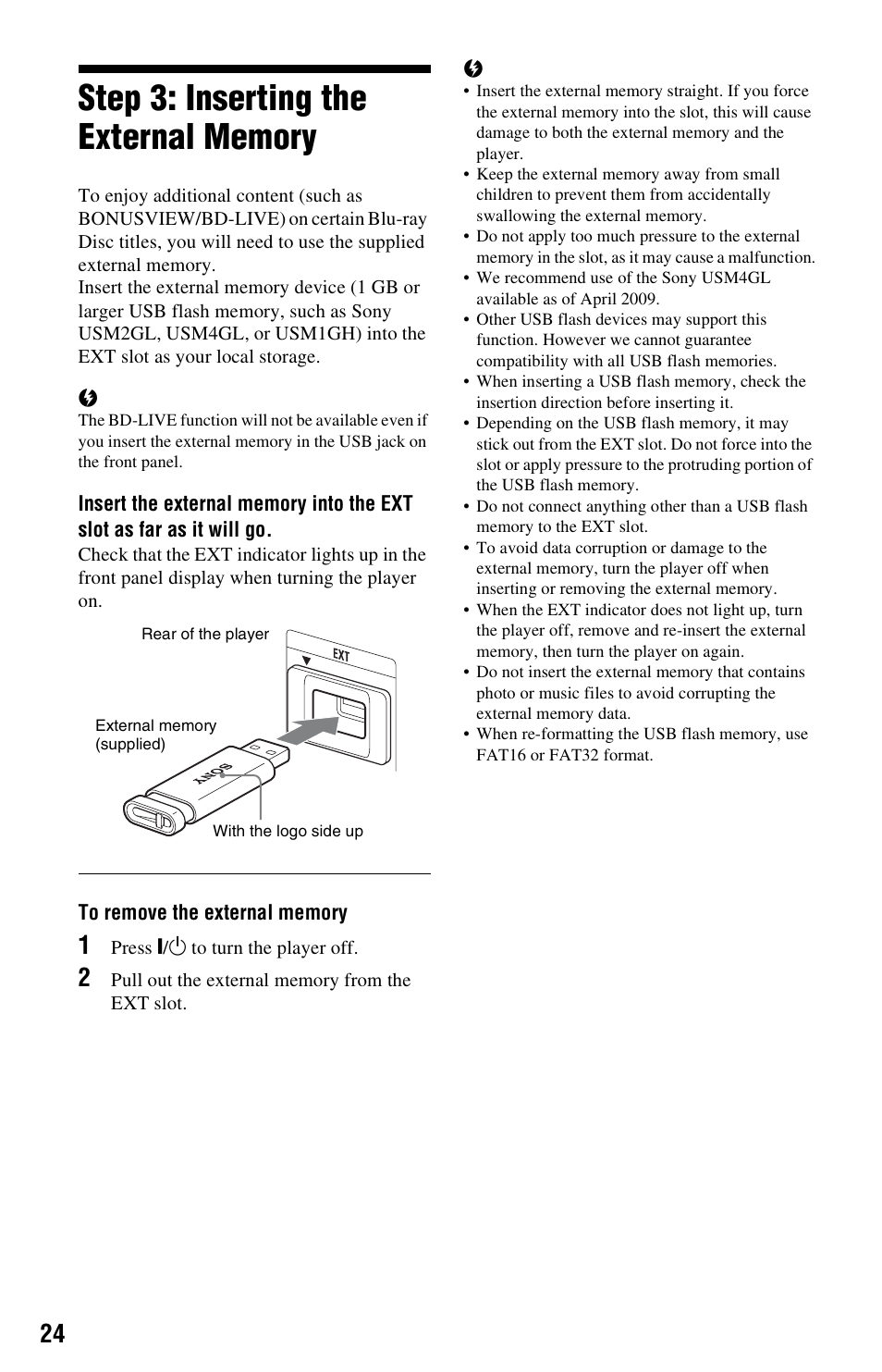 Step 3: inserting the external memory | Sony BDP-S1000ES User Manual | Page 24 / 95